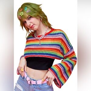 Romwe Kawaii Rainbow Colorful Striped Pattern Cropped Knit Sweater Size Small